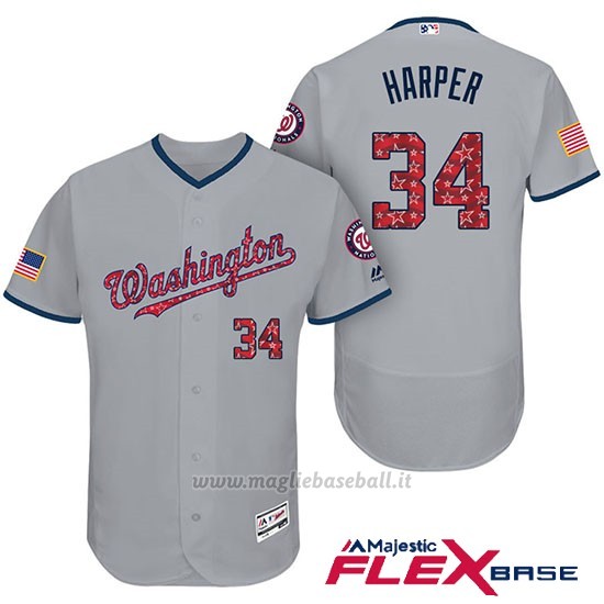 Maglia Baseball Uomo Washington Nationals 2017 Estrellas y Rayas Bryce Harper Grigio Flex Base